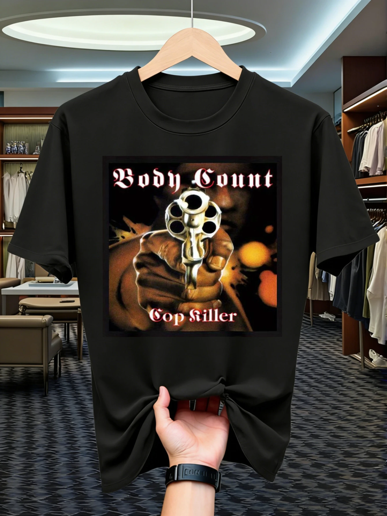 Body Count Cop Killer Graphic T-Shirt  Bold Revolver Print Streetwear T-Shirt Unisex Loose Fit Casual Streetwear Shirt