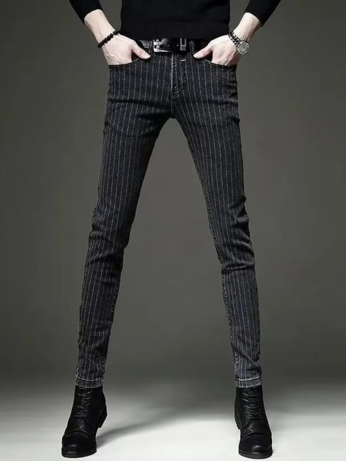 High-End Fashion Men's Slim Fit Stripe Jeans Korean Style Casual Long Trousers Autumn Winter New Arrival Cotton Stretch Denim