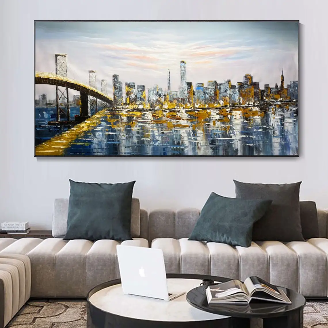 San Francisco Golden Gate Bridge Golden Gate Channel Pink Cloud Reflection Cityscape Oil Painting Gray Mural Wall Art Home Decor