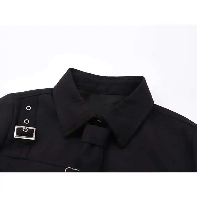 Women Crop Top Shirts Cool Black Long Sleeved Workwear Shirt For Women In Autumn, Loose Design, Niche Short Chain Top, Trendy