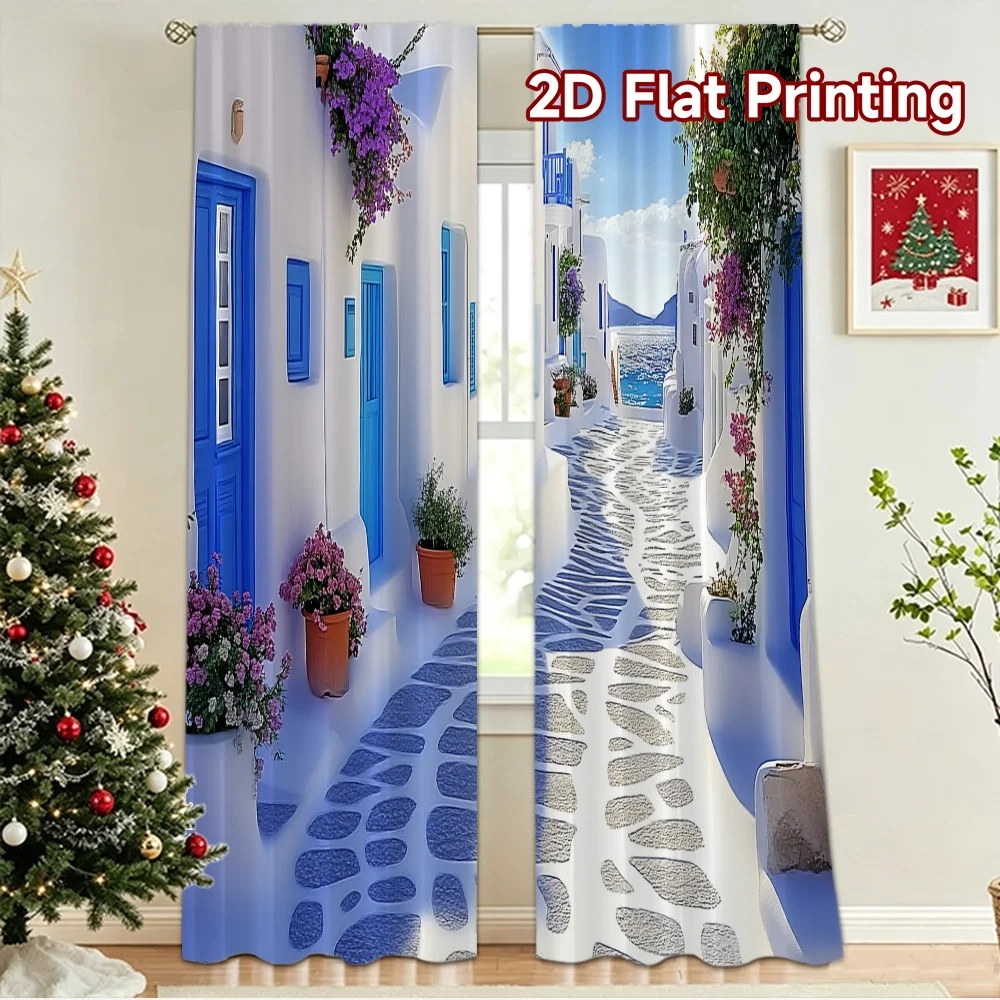 2D flat 2pcs Curtain Modern Minimalist Style White Alley by the Sea Durable polyester fiber Festive Wall Decor Perfect for