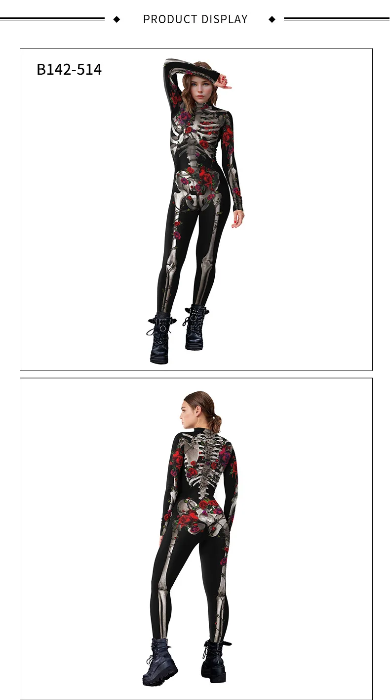Halloween Skelett-Rosen-Druck Jumpsuit für Frauen, The Dead Cosplay Bodysuit, Sexy Zentai-Anzug, Karnevalsparty Bühnen-Morphsuit Neu – Detail 6
