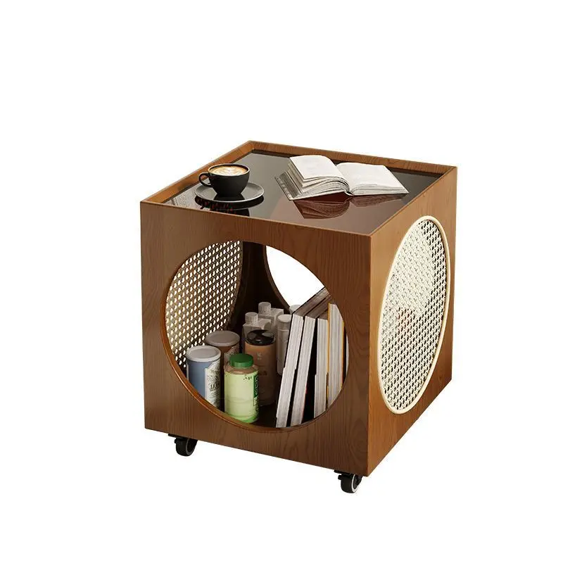 HYS solid wood edge few living room sofa locker removable tea cabinet rattan open storage cabinet