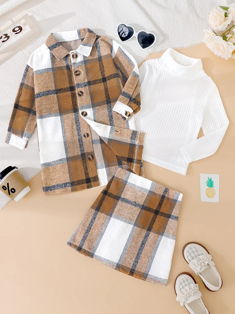 3Pcs Girls' Autumn Set, Solid Color High Neck Knitted Top+Medium to Long Button Checkered Shirt Jacket+Checkered Skirt