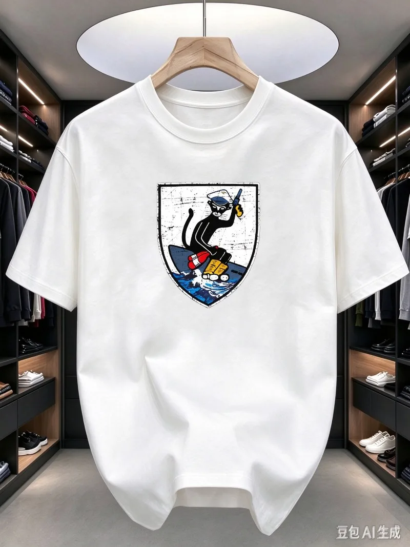 Black Cat Sailor Printed T Shirt Surfing Shield Emblem Graphic Tee Soft Modal Casual Loose Top For Daily Beach Street Gift