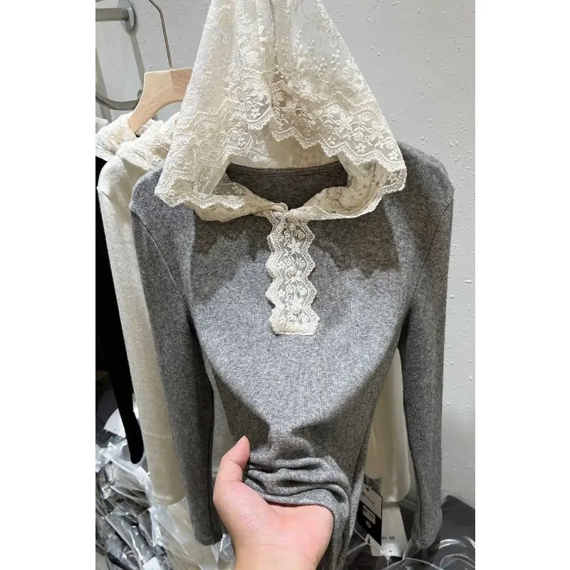 

Foufurieux Korean Style Lace Patchwork Hooded Long Sleeved T-shirt for Women's Spring 2025 New Hoodie Top Female Clothing