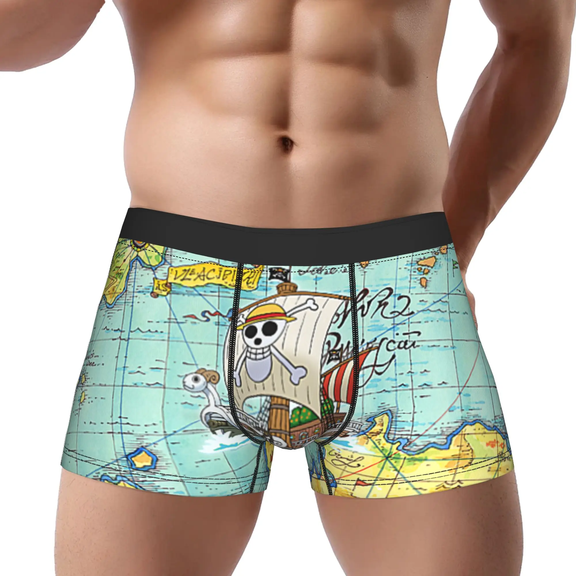One Piece Anime Open Seas Pirate Map Photo Underpants Homme Panties Men Underwear Ventilate Shorts Boxer Briefs