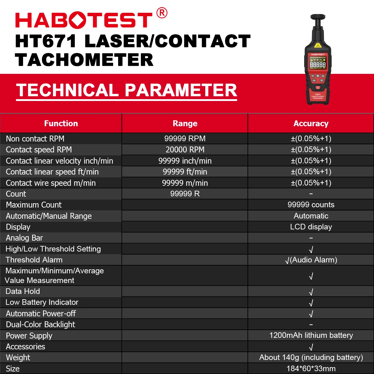 HABOTEST HT671 2-in-1 Kontakt- und Berührungsloser Laser-Tachometer (umschaltbarer Modus) 10-99999 Zählbereich Wiederaufladbarer Tachometer – Detail 4