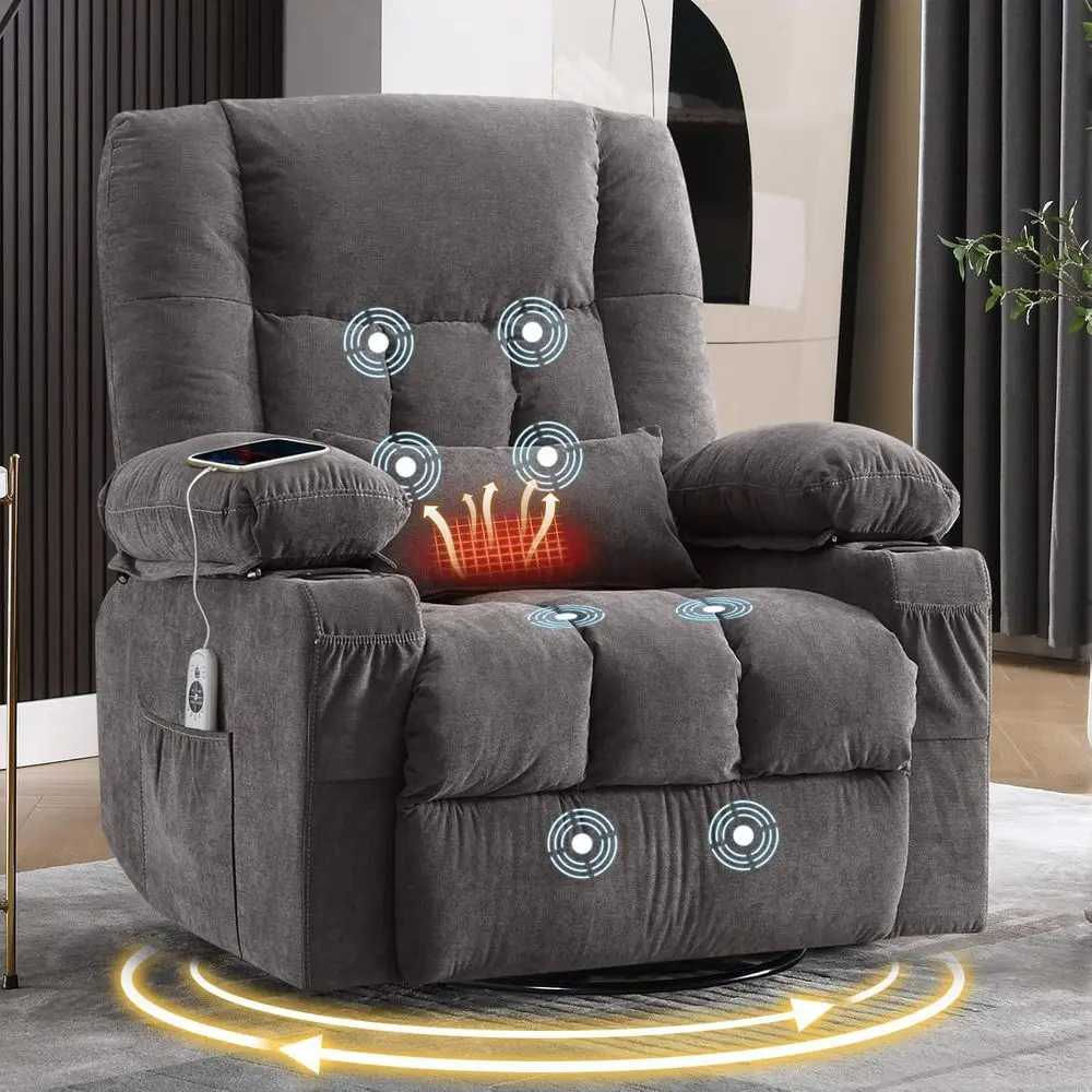 Swivel Recliner Chair with Vibration Massage, Lumbar Heat and USB Port