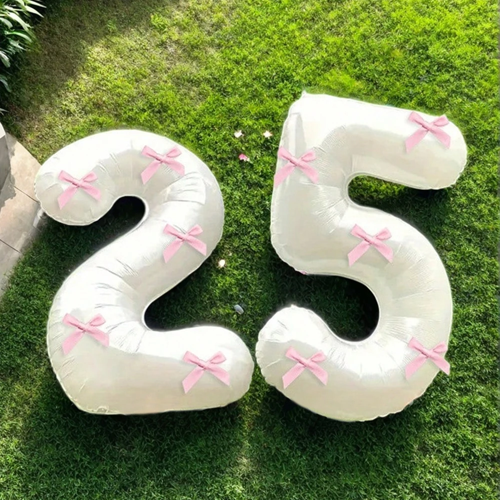 Globos de números blancos con decoración de lazo rosa de 40 pulgadas, globos de números blancos 0-9 con decoración de lazo rosa, adecuados para fiesta de cumpleaños, aniversario