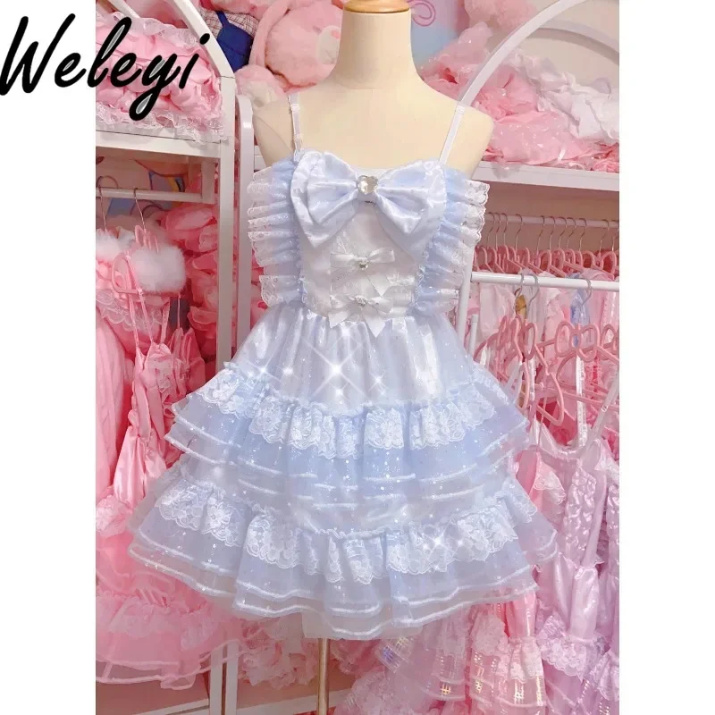 Lolita Kawaii Sling Dress Women\'s Fashion Summer Clothing New Cute Sweet Shiny Pink Bow Rojita A Line Elegant Princess Dresses