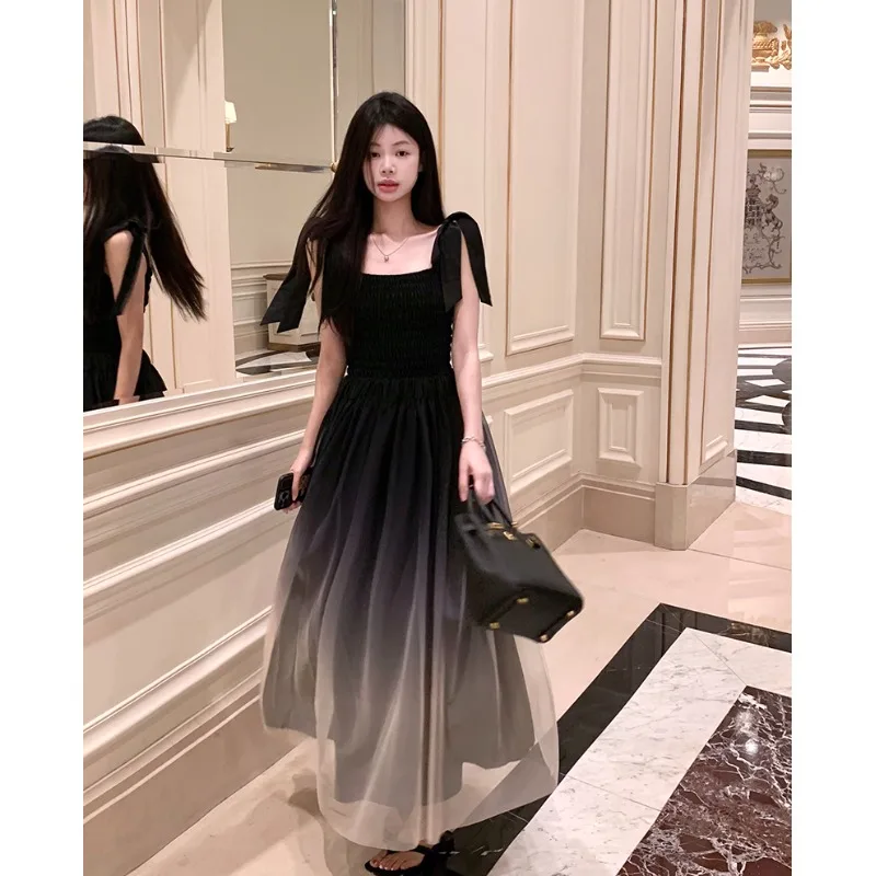 하이 엔드 빈티지 우아한 탱크 드레스 여성 여름 2024 새로운 허리 장착 슬리밍 메쉬 a 라인 롱 드레스 레트로 세련된 