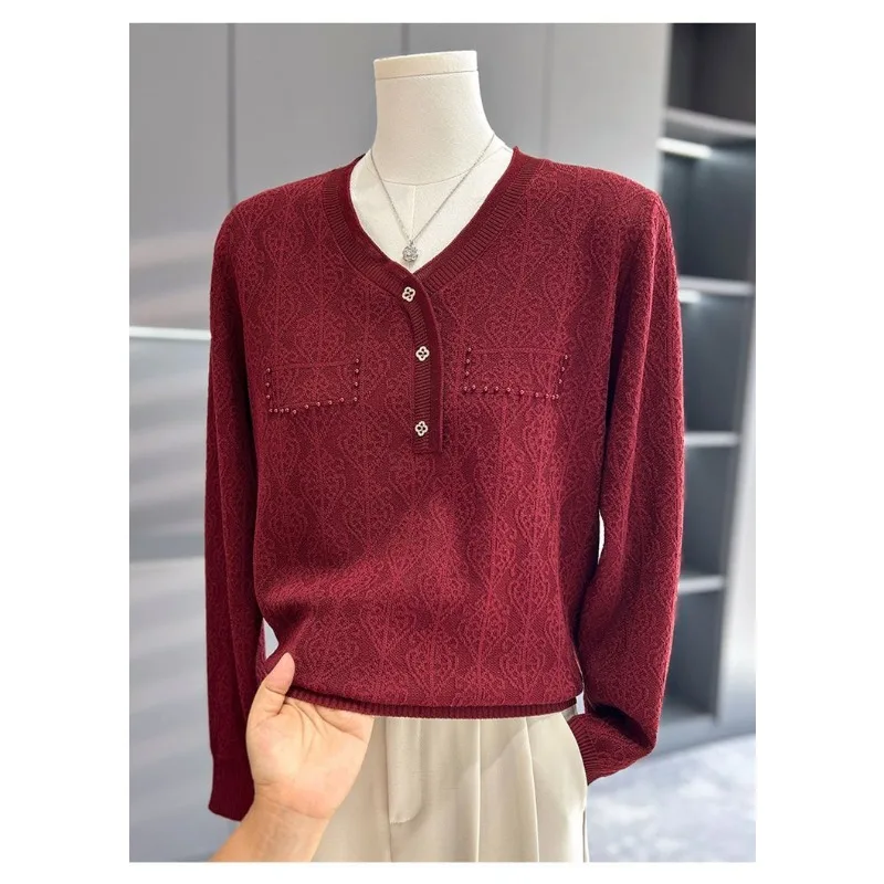 Pullover a maniche lunghe casual versatile autunnale da donna Bottoni con scollo a V Top lavorato a maglia a maniche lunghe tinta unita alla moda