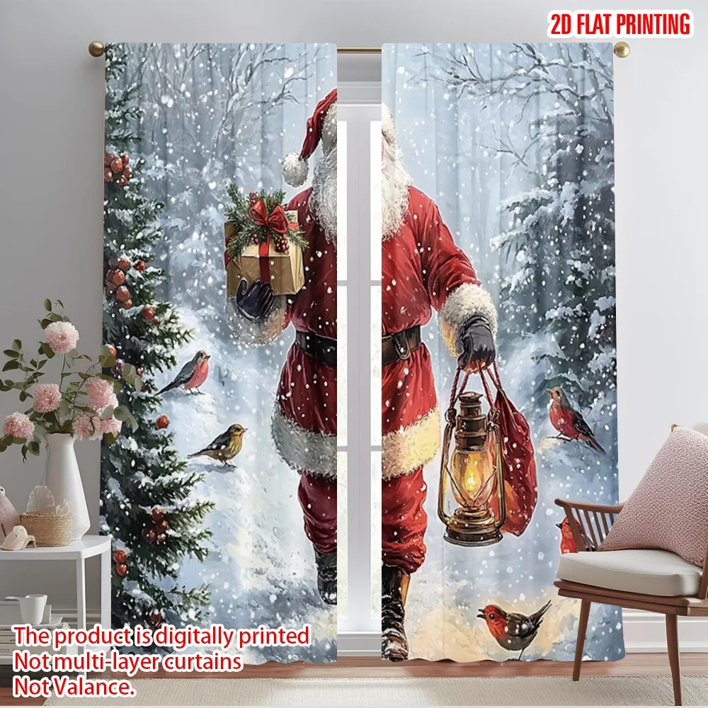 2pcs,2D plane printing Creative Curtains Santa Claus winter forest lantern birds (2) Versatile 100% Polyester (without rod)