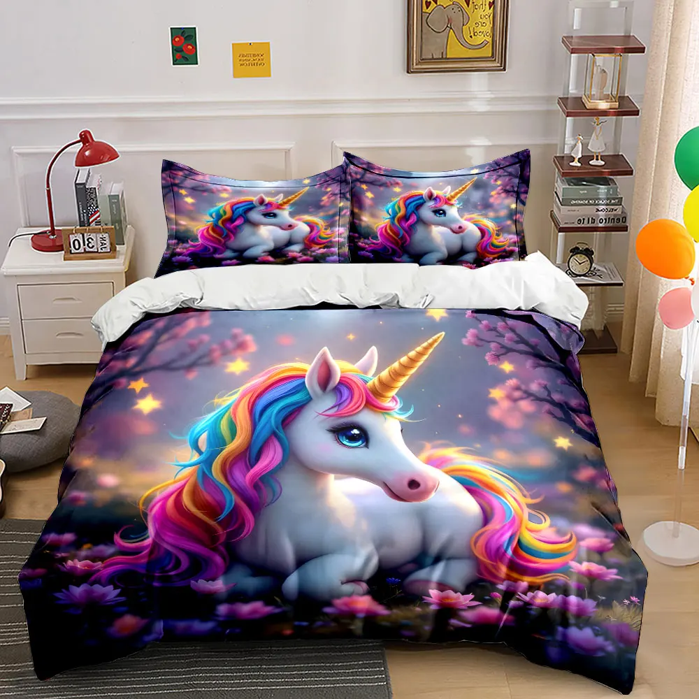 Fantasy Unicorn with Rainbow Glow Printed Duvet Cover Set 1 Duvet Cover+2 Pillowcase Multi Size Bedroom Bedding Decoration