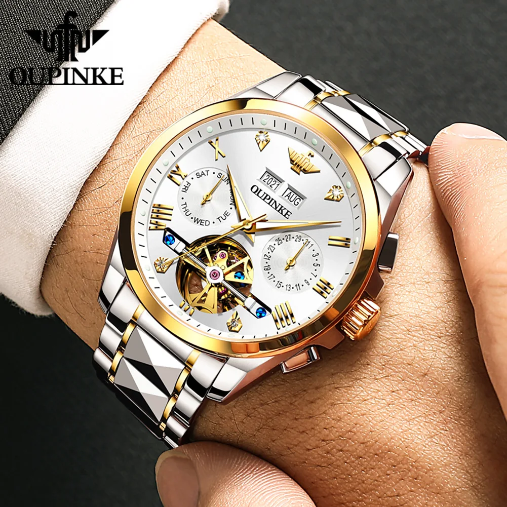 OUPINKE 3186 High Quality Luxury Skeleton Flywheel Automatic Watch for Men 5Bar Waterproof Dual Calendar Brand Men\'s Wristwatch