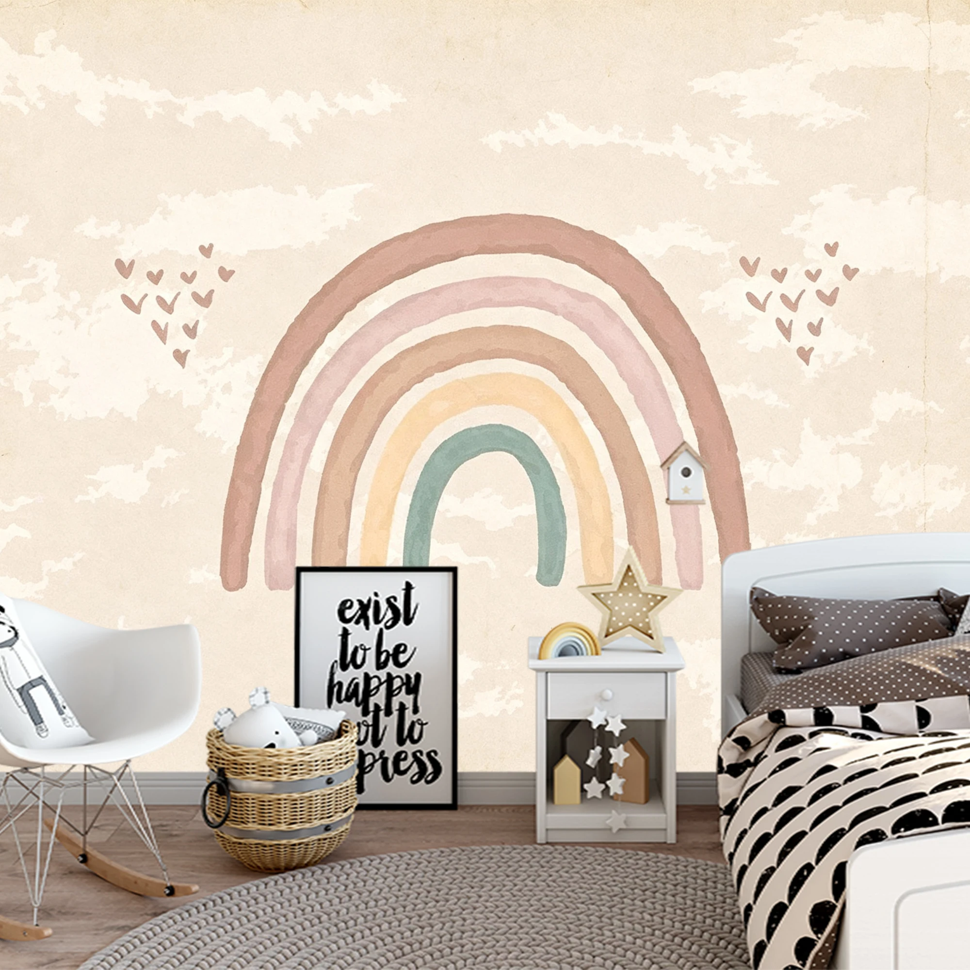 Milofi Custom Mural Wallpaper Boho Rainbow Cloud Heart Vintage Texture Kids Nursery Bedroom Wall Decor Papel De Parede