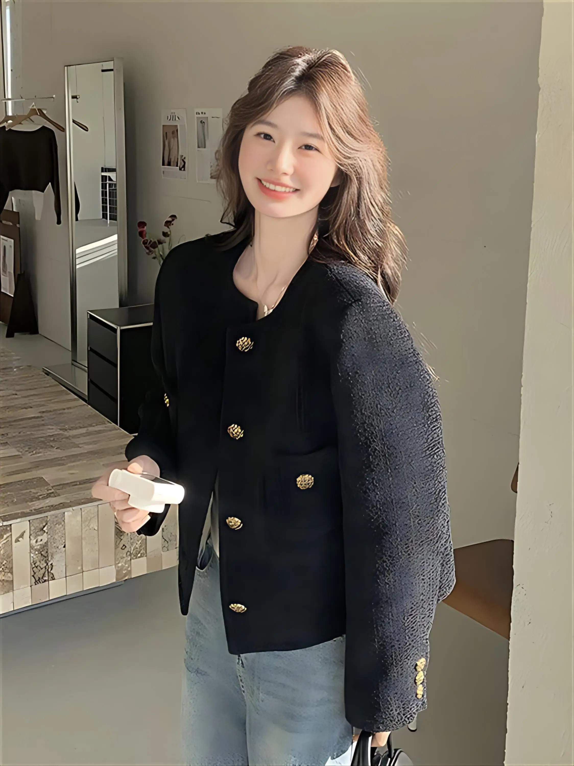 

Tweed Jacket Navy Blue Woman Womens Fall Classic Vintage Aesthetic Harajuku Elegant Lady Simple Refined Designed Illusion Gentle