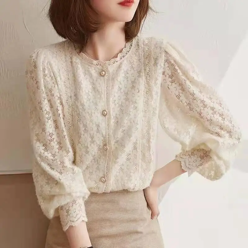 

Hot Girl Mesh Lace Base Layer Woman Fashion Casual Long Sleeved Shirt Versatile Spring Autumn Clothes Outside Girl's Gift New