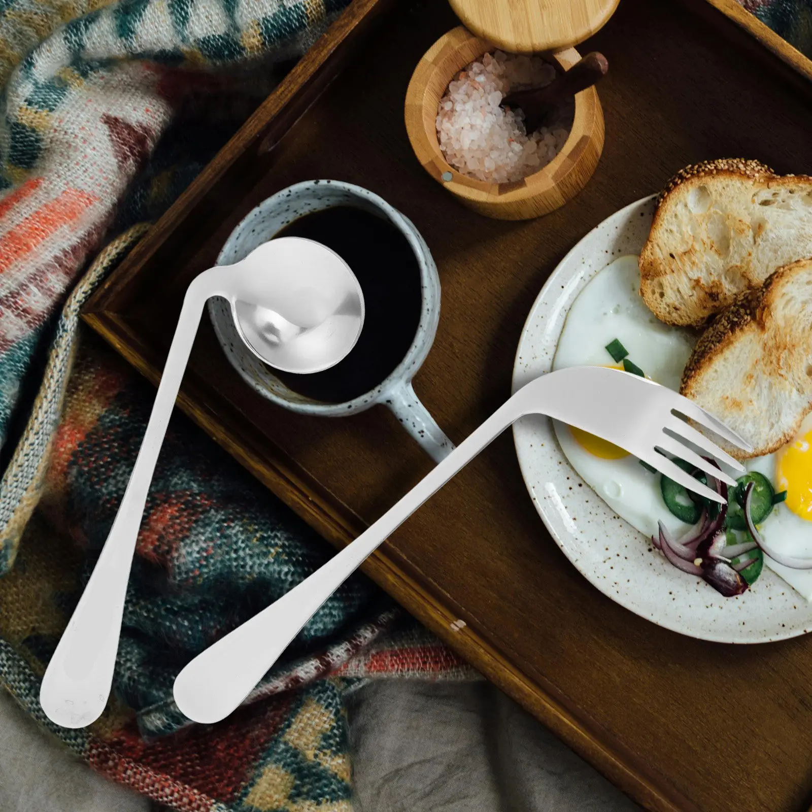 1Set Feeding Angled Fork Spoon Ergonomic Lightweight Metal Stainless Steel Auxiliary Tableware for Elderly Arthritis Patients
