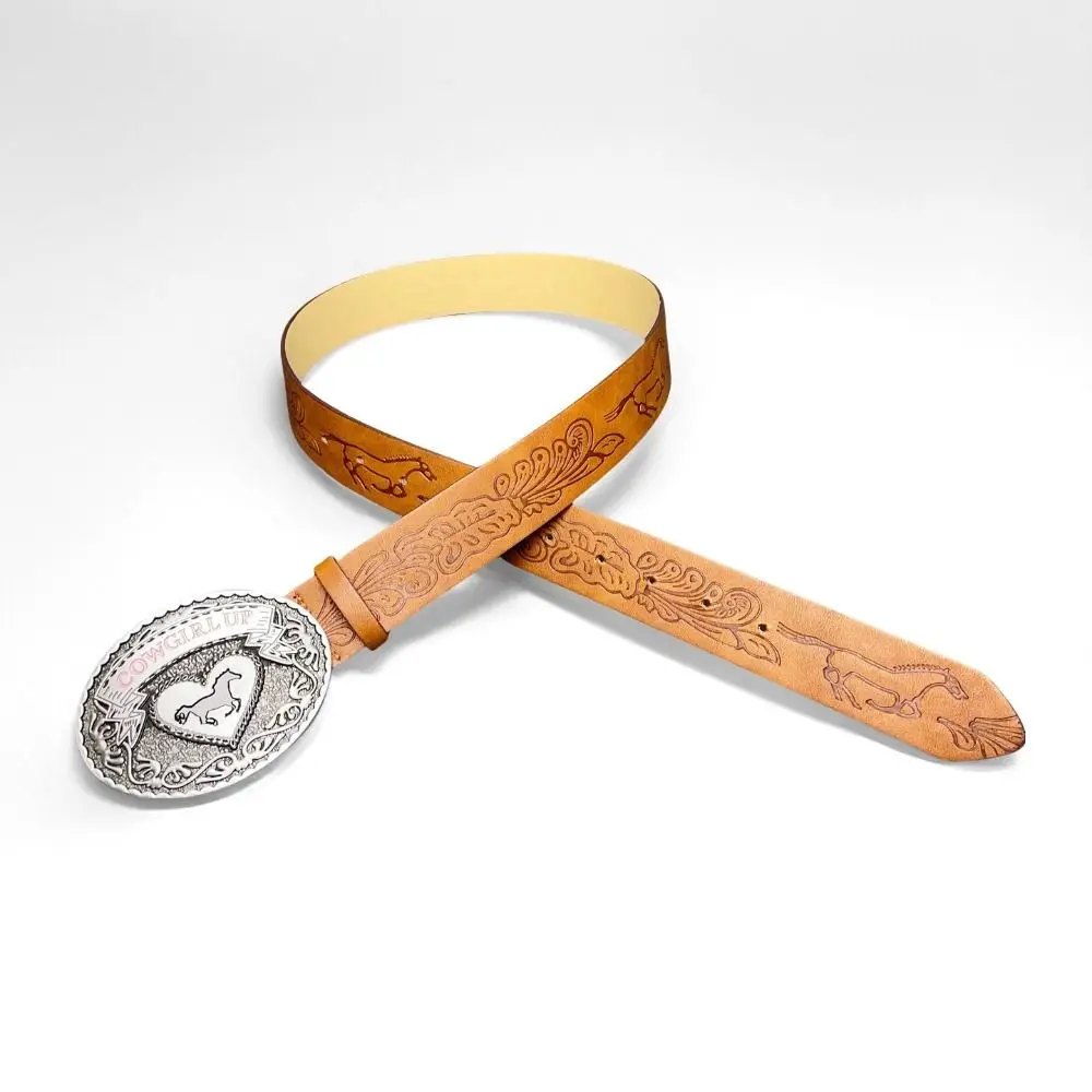 Vintage COWGIRL UP Western Cowgirl Belt Luxury Design Trendy Brand Floral Embossed Belt PU Waist Belt for Women Spice Girls