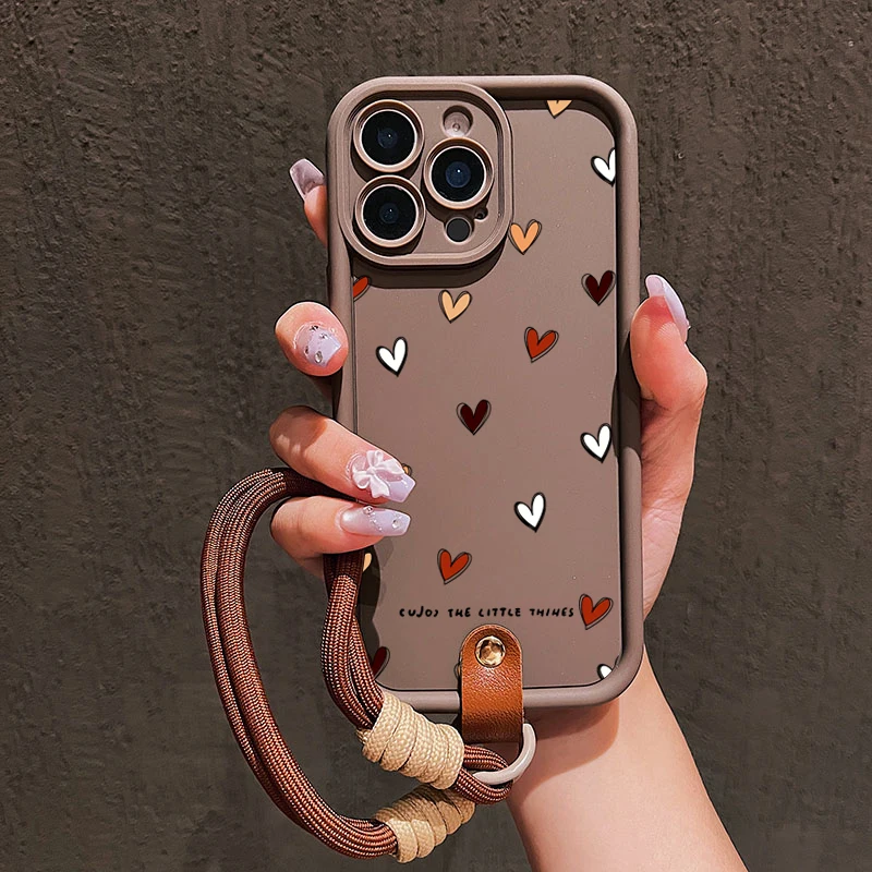 

Colorful Love Heart Pattern Lanyard Strap Rope Phone Case For iPhone 11 12 13 14 15 16 17 Pro Max 16E XS X XR 7 Plus Soft Cover