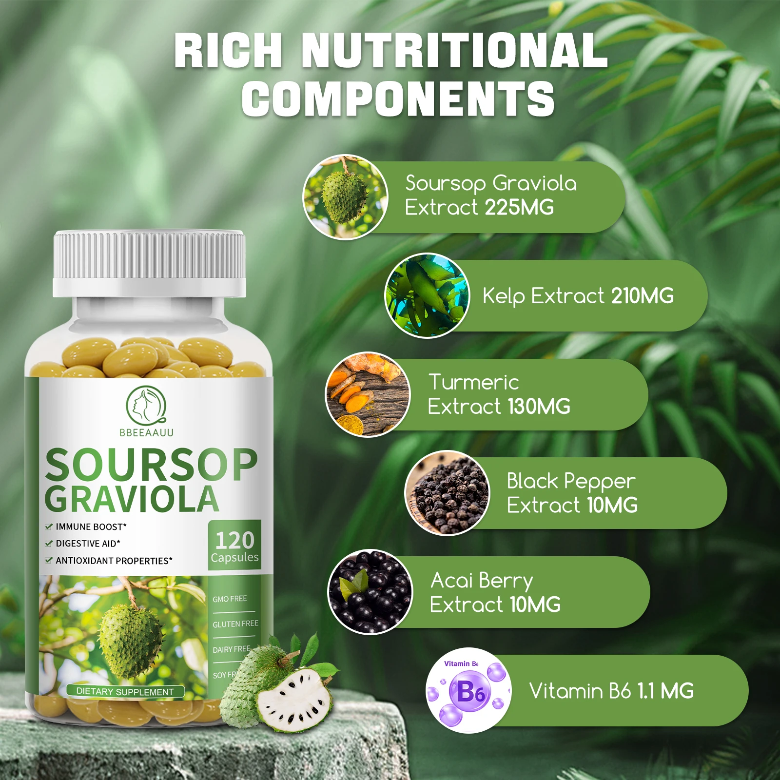 BBEEAAUU Soursop Capsules Support Digestion & Liver Health Cell Support and Regeneration Antioxidant Skin Care Enhances Immunity