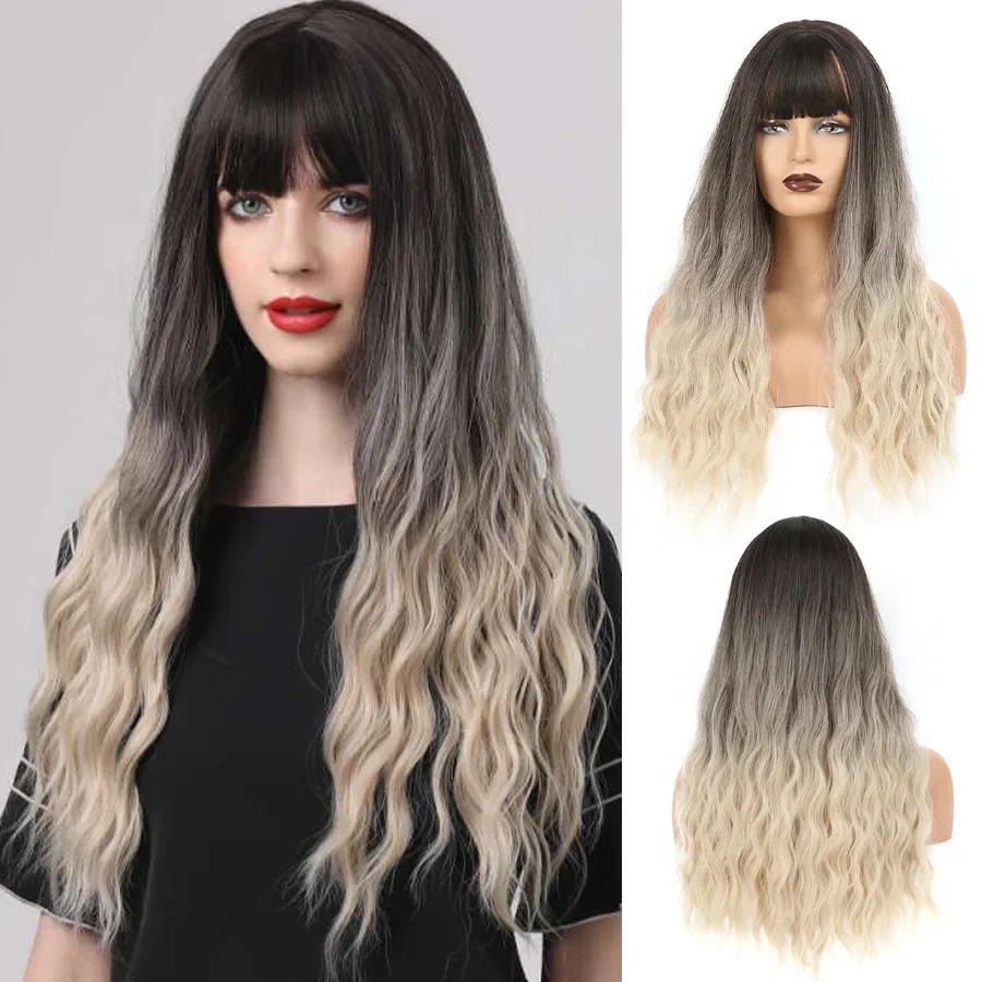 Trendy Long Wavy Wig with Ombre Colors and Fringe Bangs, for European and American Women