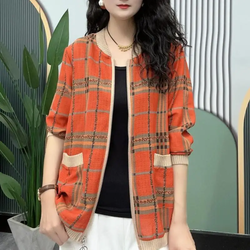 Damenmode Vintage Plaid Reiß verschluss Mantel lässig weibliche Kleidung Kontrast farbe Langarm Pendelt aschen gespleißt Strickjacke