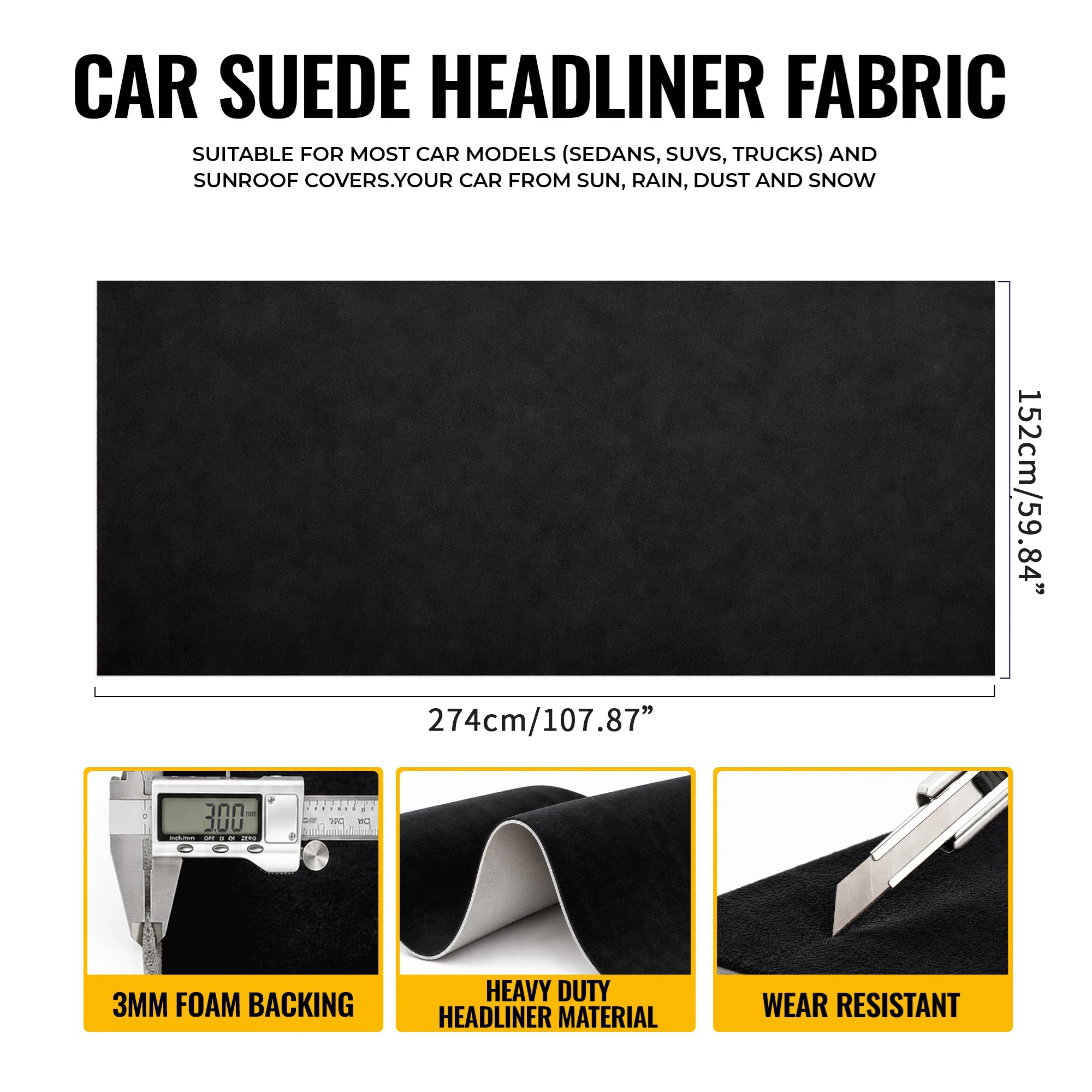 

UXCELL Universal Suede Fabric Headliner Fabric 274x152cm Foam Backing Car Interior Workbench Repair Patch Upholstery Decoration