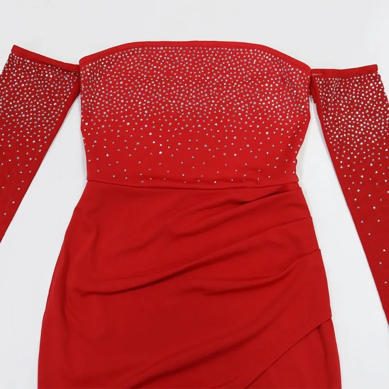 Robe longue moulante à manches longues pour femmes, diamants et strass, Sexy, col Slash, fendue, robes de soirée d'anniversaire, 2025