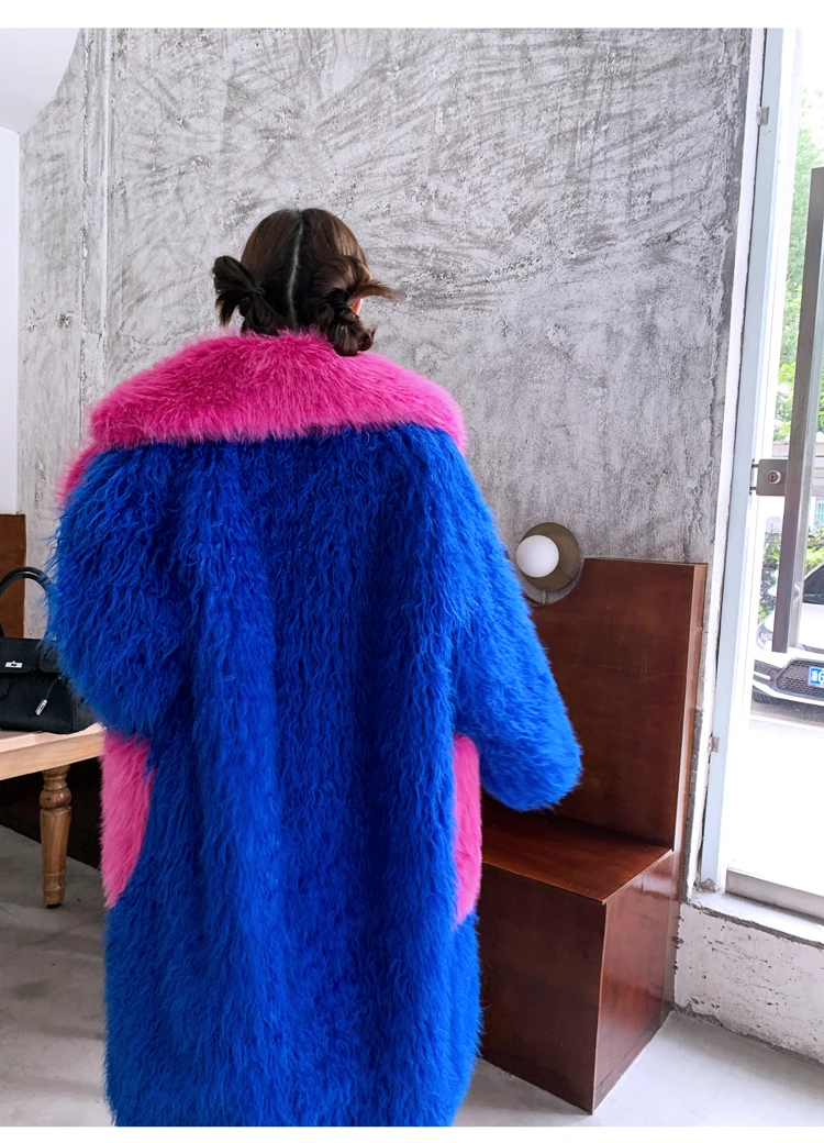 Original Design Royal Blue and Rose Red Faux Fur Coat Female Eco-friendly Long Jacket Lady Shaggy Outerwear Women\'s Winter Coats