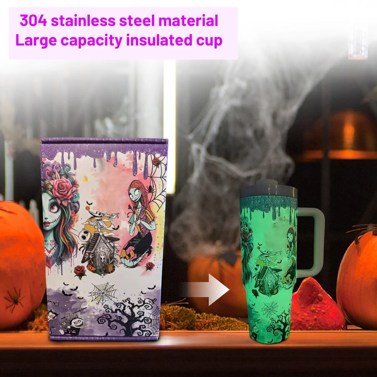 كوب Nightmare Christmas Tumbler، كوب Skellington 40oz من الفولاذ المقاوم للصدأ مع تصميم وقش متوهج في الظلام، إصدار محدود للهالوين Gi