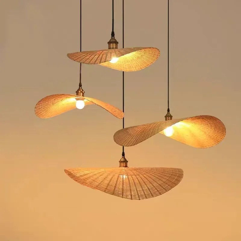 Chinese Vintage Zen Bamboo Rattan Lotus Leaf LED Pendant Lights Art Creative Lamps for Living Room Home Decoration Chandeliers