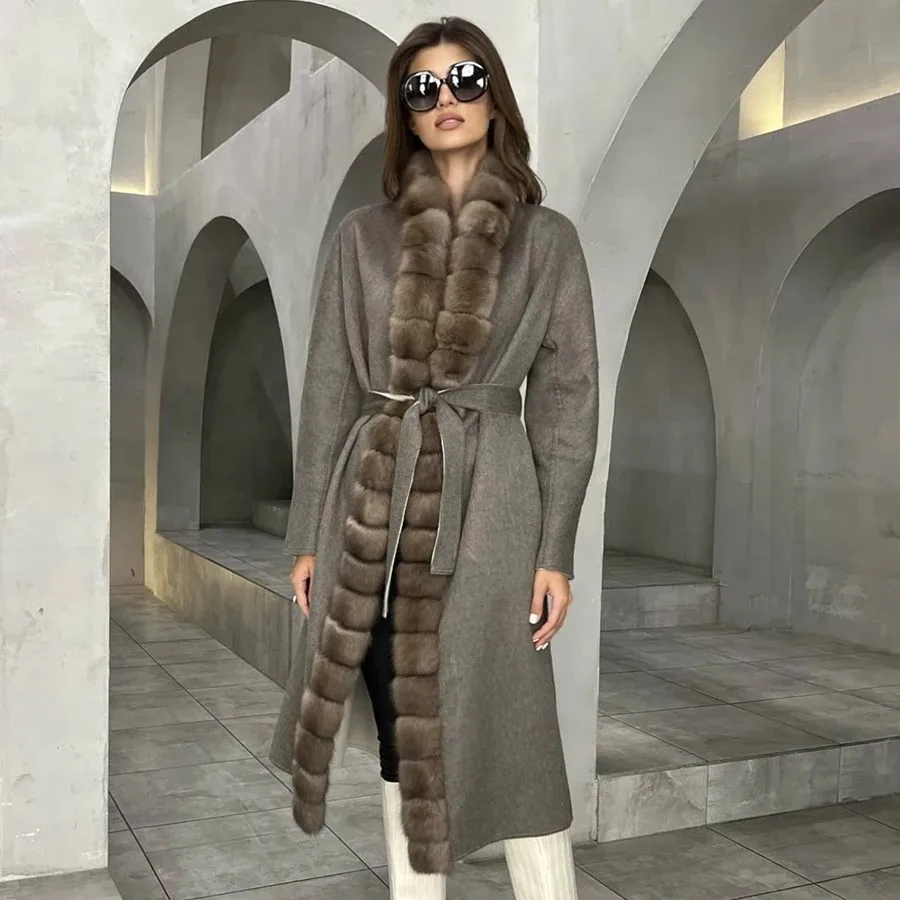 

Cashmere Coat Women's Long Wool Coat With Natural Fox Fur Collar Winter Woolen Real Fur Coat 2024 High Quality New Arrivals