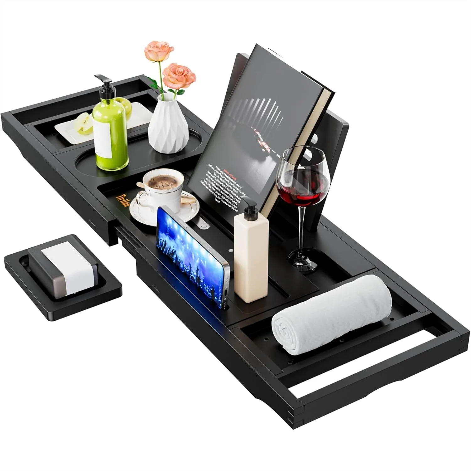 

Bamboo Bathtub Tray Caddy, Expandable Bath Tray with Non-Slip Silicone, Gifts for Women