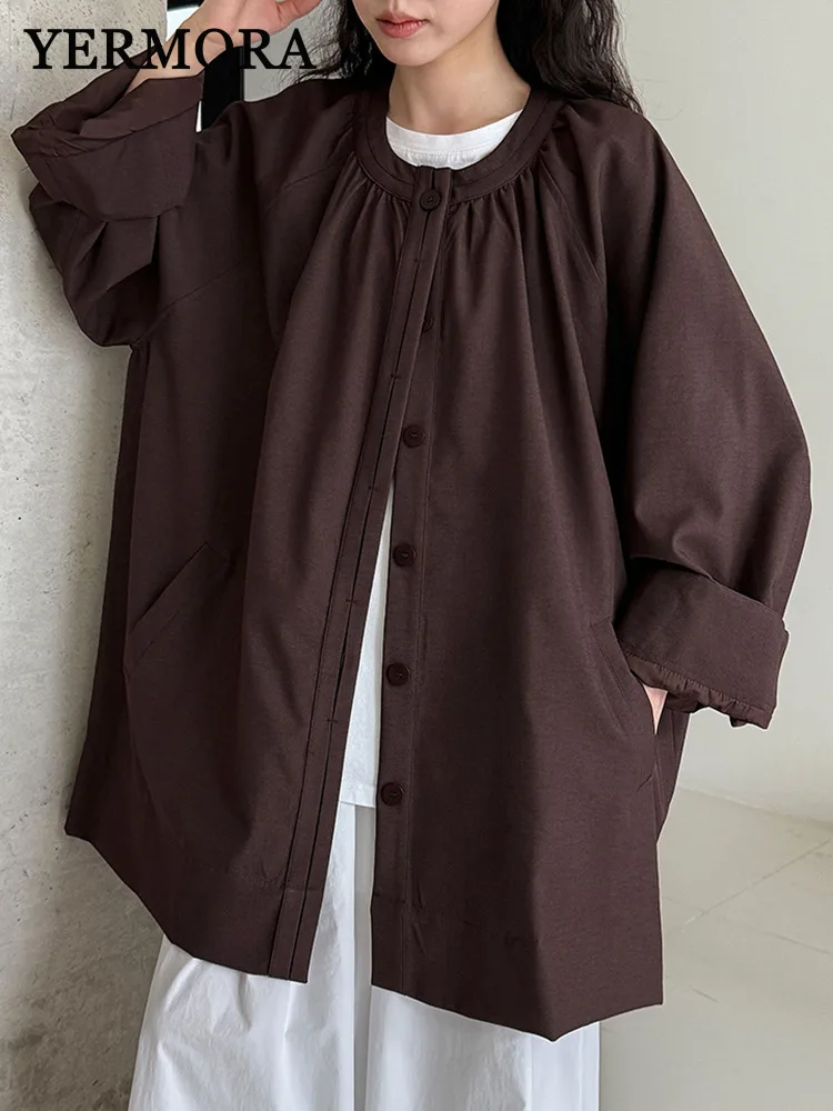 

YERMORA Coffee Pleated Brief Casual Trench For Woemn O-neck Long Sleeve Loose New Windbreaker Fashion Tide Spring Autumn 2025
