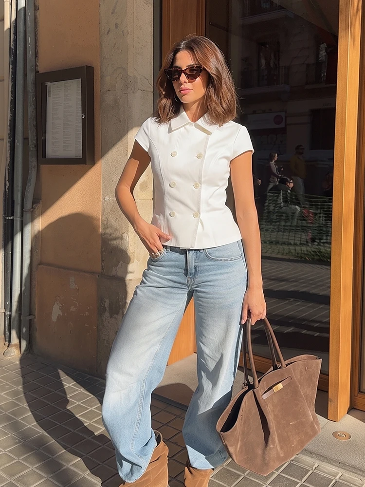 HH Spring Summer Women White Double Breasted Work Blouse Lapel Cap Sleeve Slim Tailored Shirt Top Minimalist Office Daily Wear