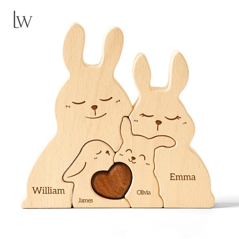 Wooden Bunny Family Puzzles Personalized with 2-5 Names, Custom Birthday for Kids Mom Dad Grandma, Bunny Toys for Toddlers