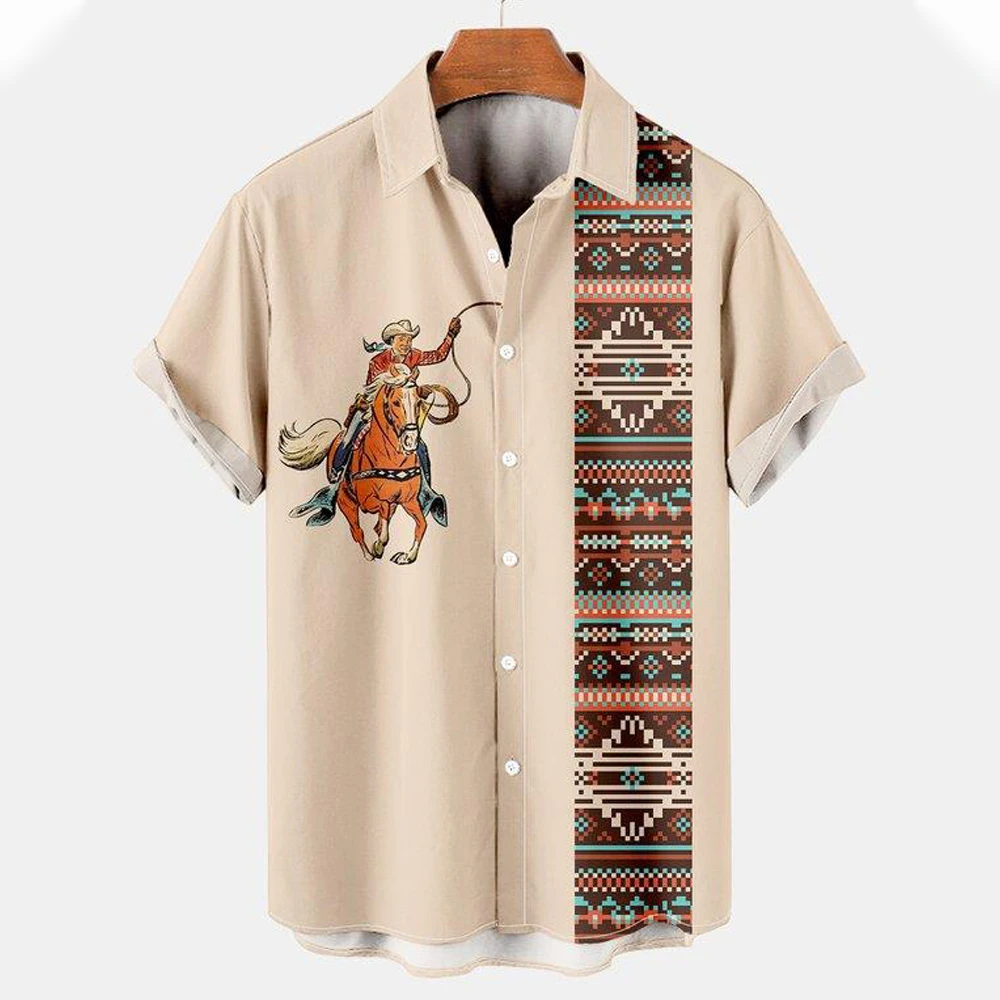 2023 Summer Cowboy Shirt For Men Vintage Ethnic Hawaiian 3D Print Clothes Casual Simple Short Sleeve Lapel Button Streetwear