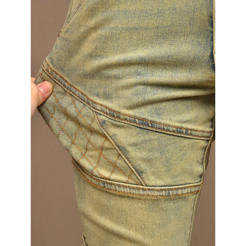 New Men'S Jeans Retro Splicing Fashion Brand Stretch Men'S Pants Slim Straight Leg Nostalgia Blue Biker Denim Pants