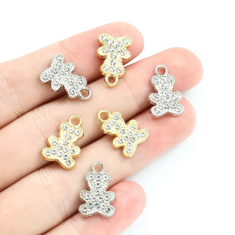 New 10pcs Trend Teddy Bear Crystals Rhinestones Charm 10.1*15.4mm Silver Gold Color Animal Metal Pendants For Jewelry DIY Making