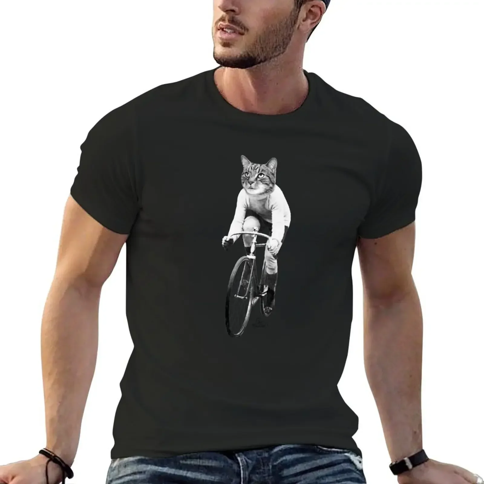 

Cat on bike - vintage black and white T-Shirt oversized graphic tee animal prinfor boys heavyweights cheap stuff tshirts for men