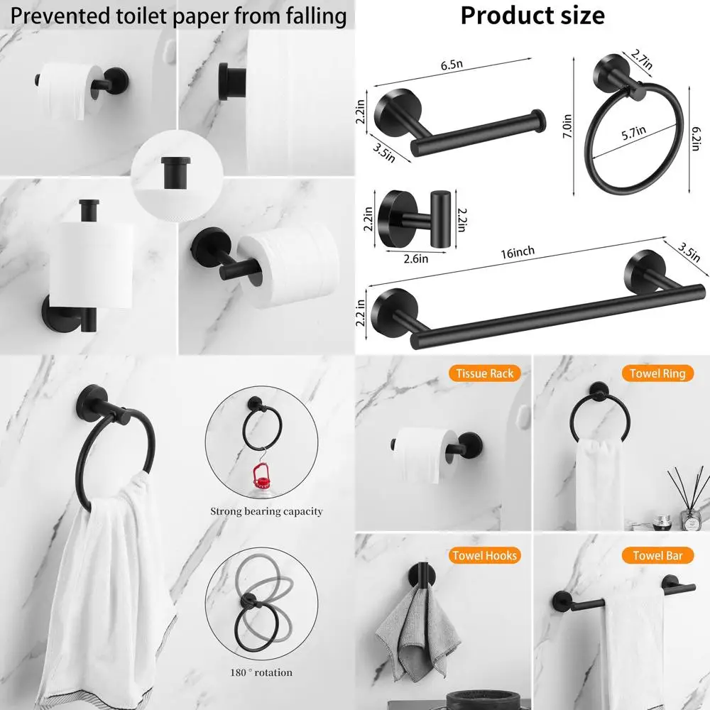 

10-Piece Matte Black Bathroom Hardware Set: 2 Towel Bars, 4 Hooks, 2 Toilet Paper Holders, 2 Towel Rings