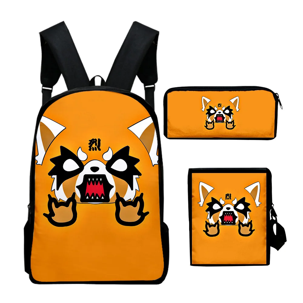 Aggretsuko-Mochila clásica con estampado 3D de Anime, bolso escolar para pupilas, mochila para portátil, bolso de hombro inclinado, estuche para lápices, 3 unidades por juego