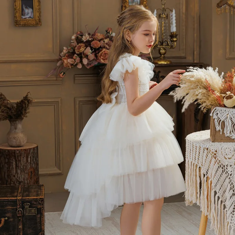 Girls Luxury Princess Dress Long Train Flower Girl Wedding Dress Kids Elegant Party Birthday Host Performance Gown High End