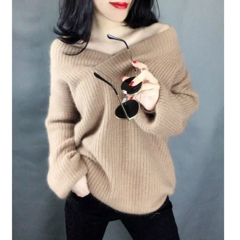 Ladies Thick Striped Khaki Sweaters Autumn Winter V-neck Loose Lantern Sleeve Fluffy Knitted Sweater Casual Pullover Streetwear