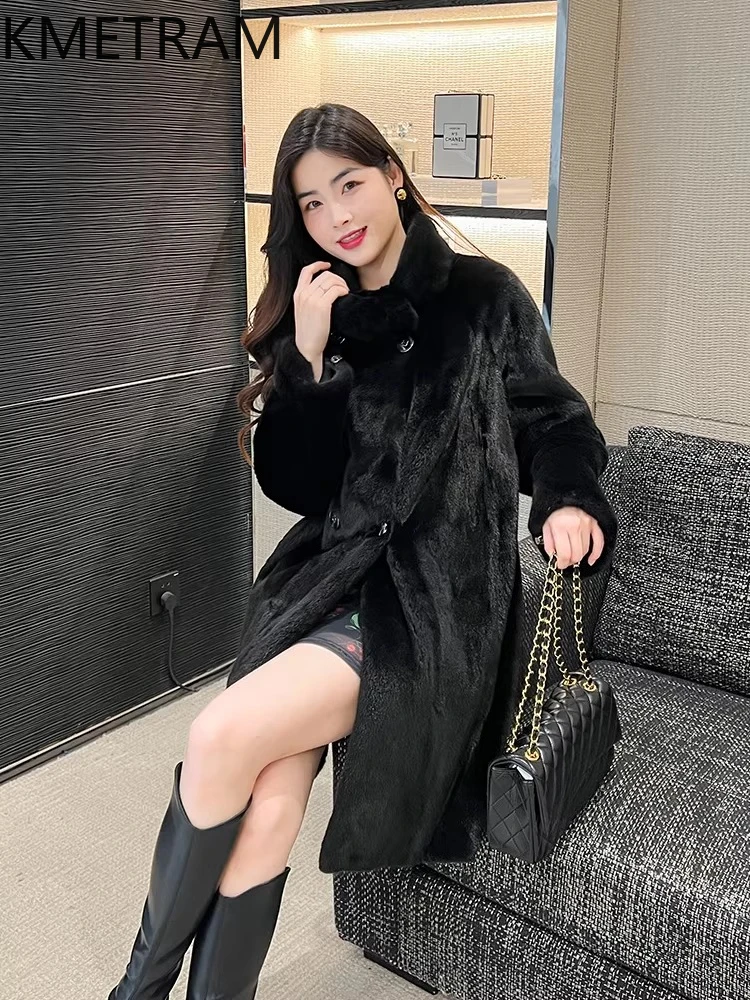 KMETRAM 100% chaqueta de piel de visón entera Natural para mujer, abrigo de piel de visón auténtica negro de longitud media de alta calidad, ropa de invierno para mujer 2025 шуба