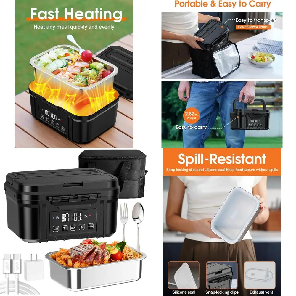 

Портативный электрический ланч-бокс из нержавеющей стали объемом 1,2 л с подогревом от аккумулятора, таймером и герметичной конструкцией для взрослых в пути