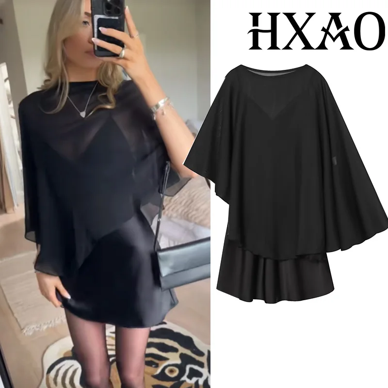 HXAO 2026 Asymmetrisches schwarzes Kleid für Damen, Cape-Stil, kurze Kleider, sexy, halbtransparente Nachtkleider für Damen, Tüll, Satin, Damenkleider